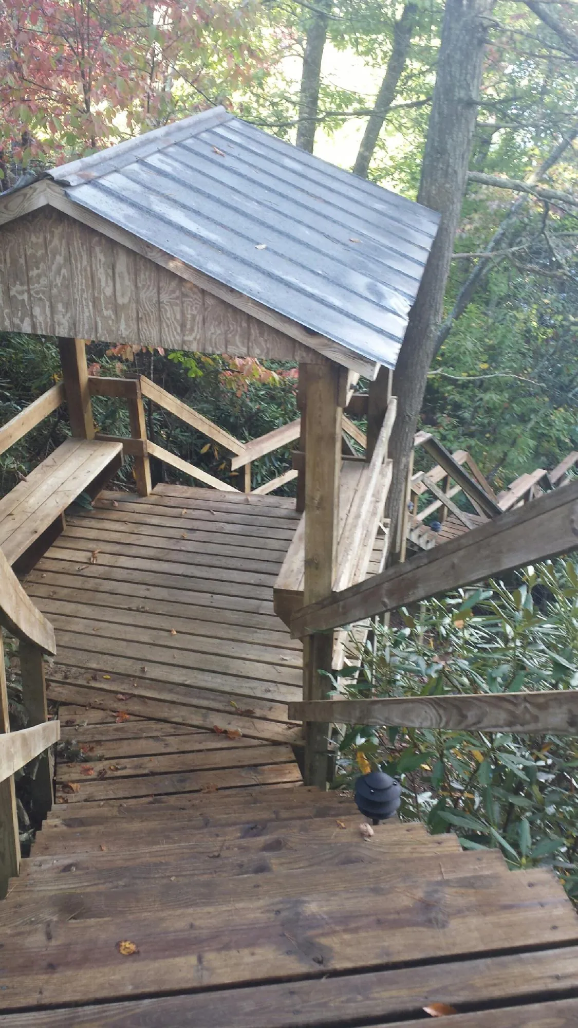 Metal roofed shelter over wooden steps on a wooded walkway — Skylight Repair & Installation work by our crew in Ogema